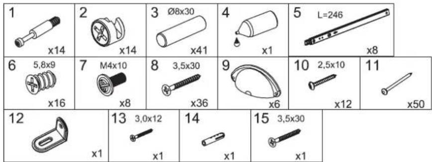 1 x14 2 x14 3 Ø8x30 x41 4 x1 5 L=246 x8 6 5,8x9 x16 7 M4x10 x8 8 3,5x30 x36 9 x6 10 2,5x10 x12 11 x50 12 x1 13 3,0x12 x1 14 x1 15 3,5x30 x1