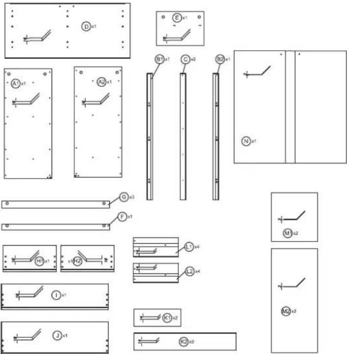 Technical diagram showing various mechanical or electrical component layouts with labeled parts and section views