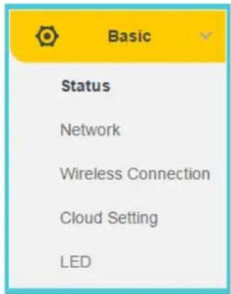 Basic Status Network Wireless Connection Cloud Setting LED