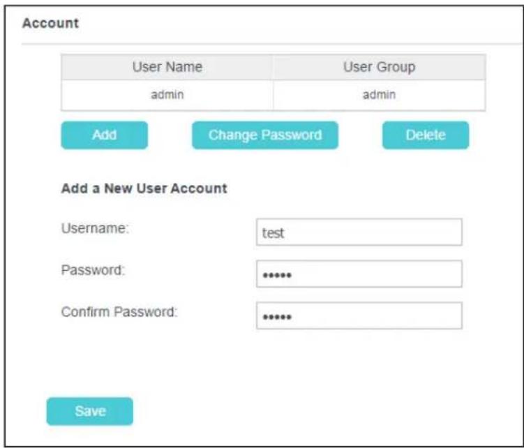 Account User Name User Group admin admin Add Change Password Delete Add a New User Account Username: test Password: ****** Confirm Password: ****** Save