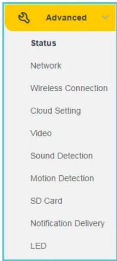 Advanced Status Network Wireless Connection Cloud Setting Video Sound Detection Motion Detection SD Card Notification Delivery LED