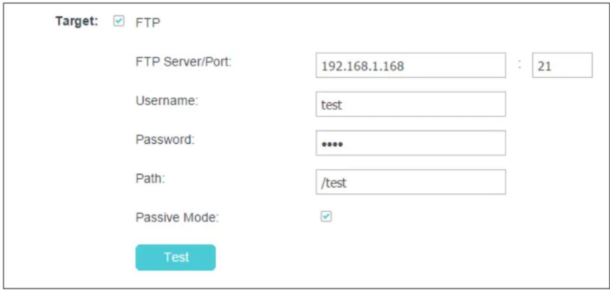 Target: FTP FTP Server/Port: 192.168.1.168 : 21 Username: test Password: ••••• Path: /test Passive Mode: Test