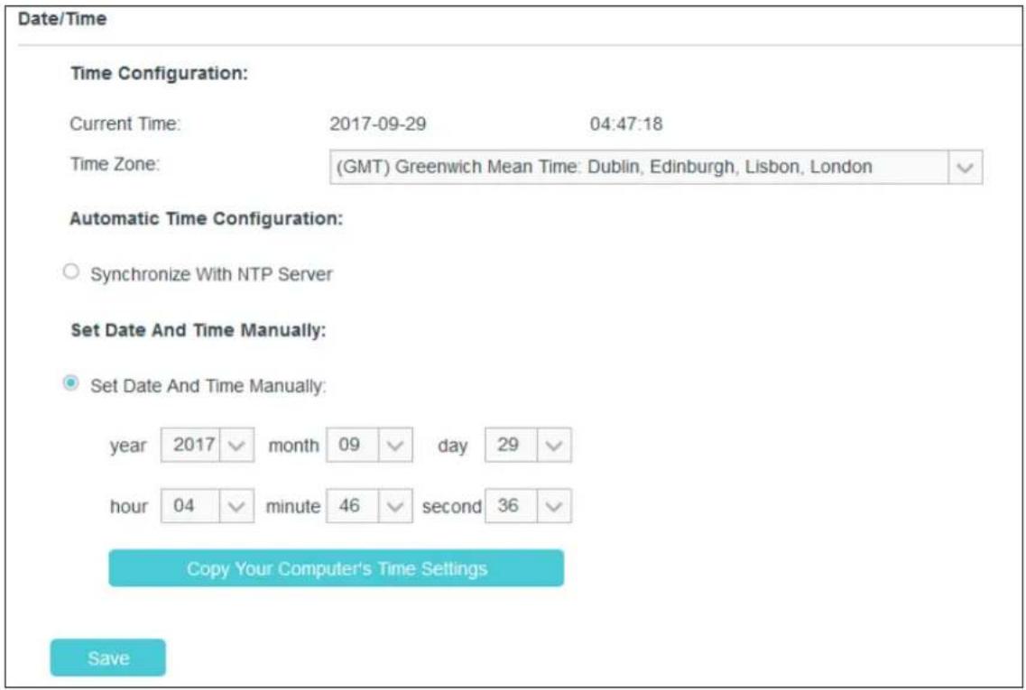 Date/Time Time Configuration: Current Time: 2017-09-29 04:47:18 Time Zone: (GMT) Greenwich Mean Time: Dublin, Edinburgh, Lisbon, London Automatic Time Configuration: ○ Synchronize With NTP Server Set Date And Time Manually: ● Set Date And Time Manually: year 2017 month 09 day 29 hour 04 minute 46 second 36 Copy Your Computer's Time Settings Save