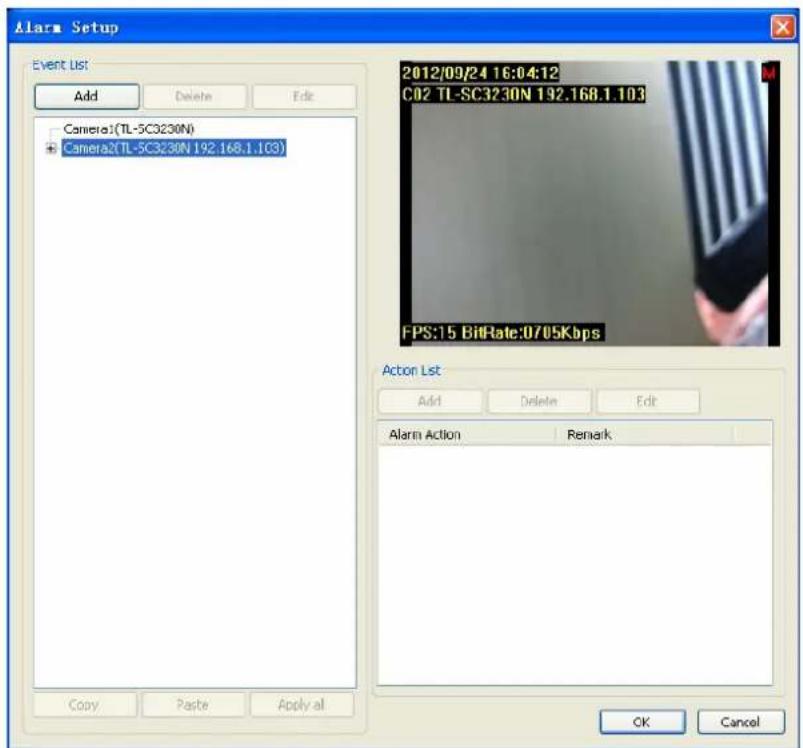 Alarm Setup Event List Add Delete Edit Camera1(TL-SC3230N) Camera2(TL-SC3230N 192.168.1.103) 2012/09/24 16:04:12 C02 TL-SC3230N 192.168.1.103 FPS:15 BitRate:0705Kbps Action List Add Delete Edit Alarm Action Remark Copy Paste Apply all OK Cancel