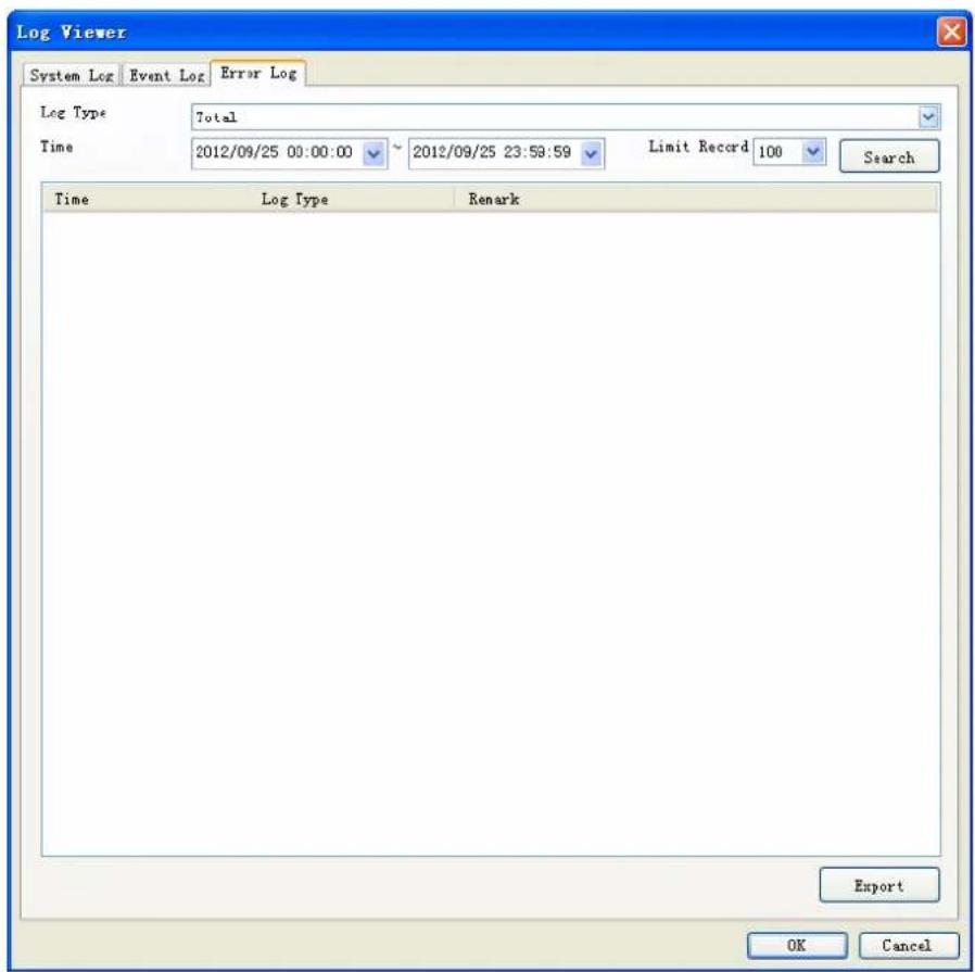 Log Viewer System Log Event Log Error Log Log Type Total Time 2012/09/25 00:00:00 2012/09/25 23:59:59 Limit Record 100 Search Time Log Type Renark Export OK Cancel
