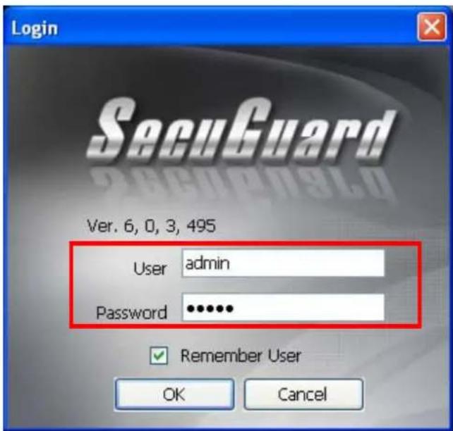 Login SecuGuard Ver. 6, 0, 3, 495 User admin Password •••••• Remember User OK Cancel
