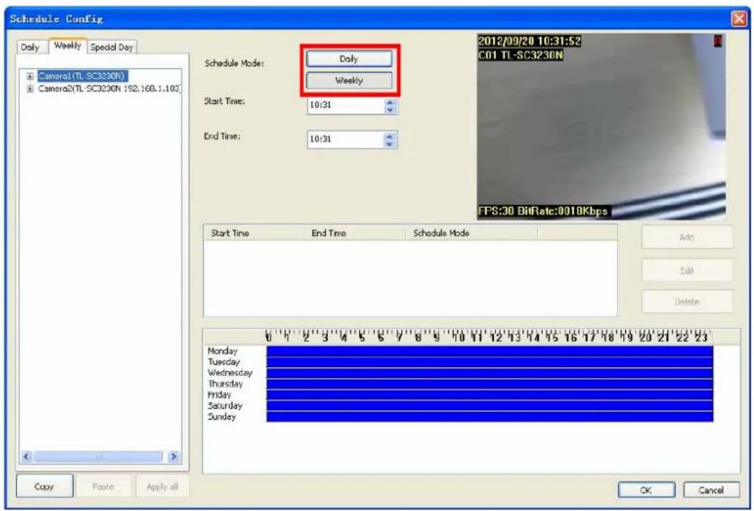 Schedule Config Daily Weekly Speedd Day Camera1(TL-SC320N) Camera2(TL-SC320N 192.168.1.10) Schedule Mode: Daily Weekly Start Time: 10:31 End Time: 10:31 2012/09/20 10:31:52 C01 TL-SC320N FPS:30 BitRate:0010Kbps Start Time End Time Schedule Mode Add Edit Delete Monday Tuesday Wednesday Thursday Friday Saturday Sunday 0 1 2 3 4 5 6 7 8 9 10 11 12 13 14 15 16 17 18 19 20 21 22 23 OK Cancel