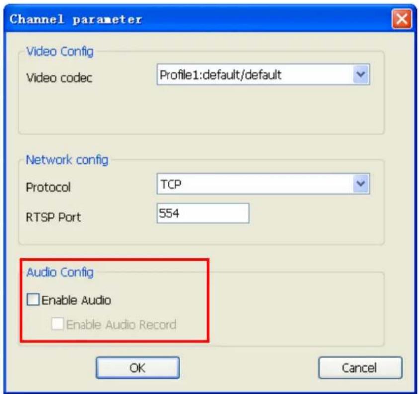 Channel parameter Video Config Video codec Profile1:default/default Network config Protocol TCP RTSP Port 554 Audio Config Enable Audio Enable Audio Record OK Cancel