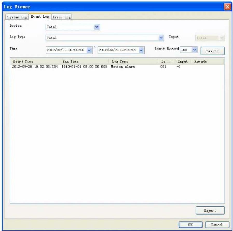 Log Viewer System Log Event Log Error Log Device Total Log Type Total Input Total Time 2012/09/26 00:00:00 2012/09/26 23:50:59 Limit Record 100 Search Start Time End Time Log Type Do... Input Remark 2012-09-26 10:32:03.234 1970-01-01 08:00:00.000 Motion Alarm C01 -1 Export OK Cancel