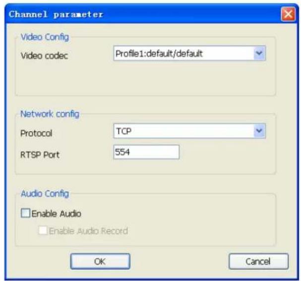 Channel parameter Video Config Video codec Profile1:default/default Network config Protocol TCP RTSP Port 554 Audio Config Enable Audio Enable Audio Record OK Cancel