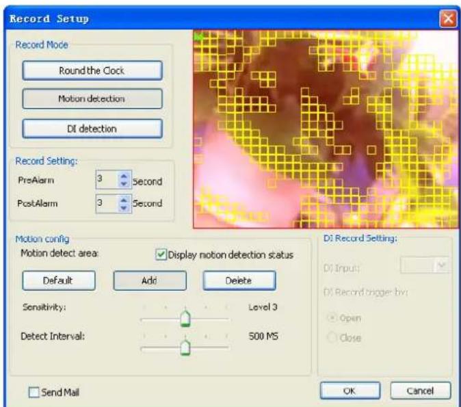 Record Setup Record Mode Round the Clock Motion detection DI detection Record Setting: PreAlarm 3 Second PostAlarm 3 Second Motion config Motion detect area: Display motion detection status Default Add Delete Sensitivity: Level 3 Detect Interval: 500 MS Send Mail D:\ Record Setting: DI Input: DI Record trigger by: Open Close OK Cancel