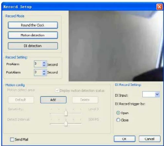 Record Setup Record Mode Round the Clock Motion detection DI detection Record Setting: PreAlarm 3 Second PostAlarm 3 Second Motion config Motion detect area Display motion detection status Default Add Delete Sensitivity Level 0 Detect Interval 500 MS Send Mail DI Record Setting: DI Input: DI Record trigger by: Open Close OK Cancel