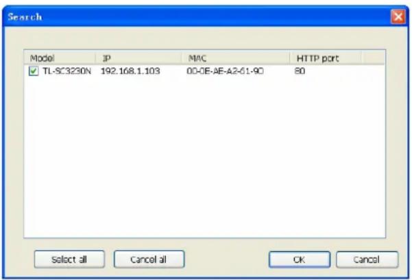 Search Model JP MAC HTTP port TL-SC3230N 192.168.1.103 00-0E-AE-A2-51-90 80 Select all Cancel all OK Cancel