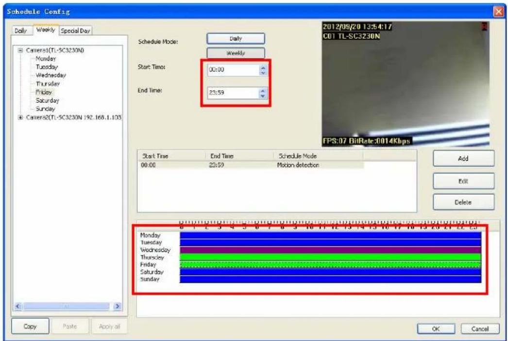 Schedule Config Daily Weekly Camera1(TL-SC3230N) Monday Tuesday Wednesday Thursday Friday Saturday Sunday Camera2(TL-SC3230N 192.168.1.103 Schedule Mode: Daily Weekly Start Time: 00:00 End Time: 23:59 2012/09/20 13:54:17 C01 TL-SC3230N FPS:07 BitRate:0014Kbps Start Time End Time Schedule Mode 00:00 23:59 Motion detection Add Edit Delete Monday Tuesday Wednesday Thursday Friday Saturday Sunday 0 1 2 3 4 5 6 7 8 9 10 11 12 13 14 15 16 17 18 19 20 21 22 23 OK Cancel