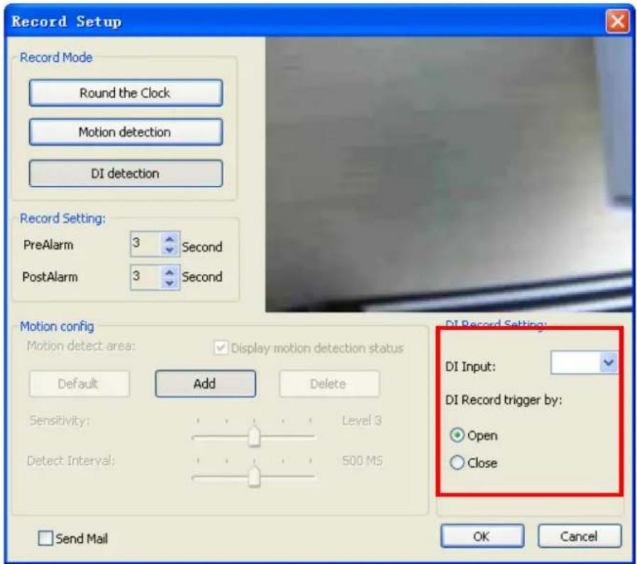 Record Setup Record Mode Round the Clock Motion detection DI detection Record Setting: PreAlarm 3 Second PostAlarm 3 Second Motion config Motion detect area: ✓ Display motion detection status Default Add Delete Sensitivity Level 3 Detect Interval 500 MS DI Record Setting: DI Input: DI Record trigger by: Open Close Send Mail OK Cancel