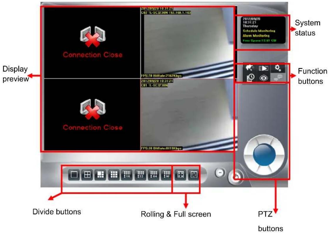 Connection Close 2012/09/20 10:31:21 CDZ TL-SCJZJON 152.160.1.163 PPS:78 BitRate:2162Kbps 2012/09/20 10:31:21 CDI TL-SCJZJON TPG:30 BitRate:0619Kbps System status Display preview Function buttons Divide buttons Rolling & Full screen PTZ buttons