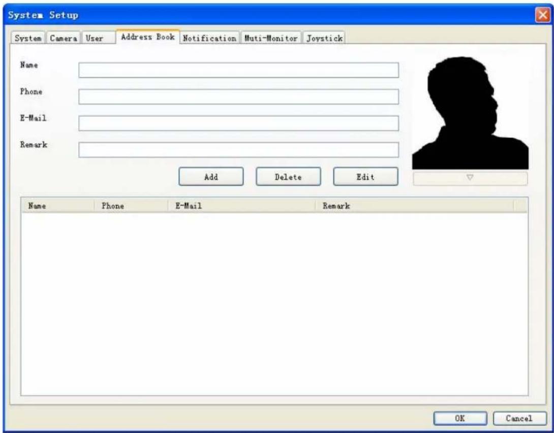 System Setup System Camera User Address Book Notification Multi-Monitor Joystick Name Phone E-Mail Remark Add Delete Edit Name Phone E-Mail Remark OK Cancel