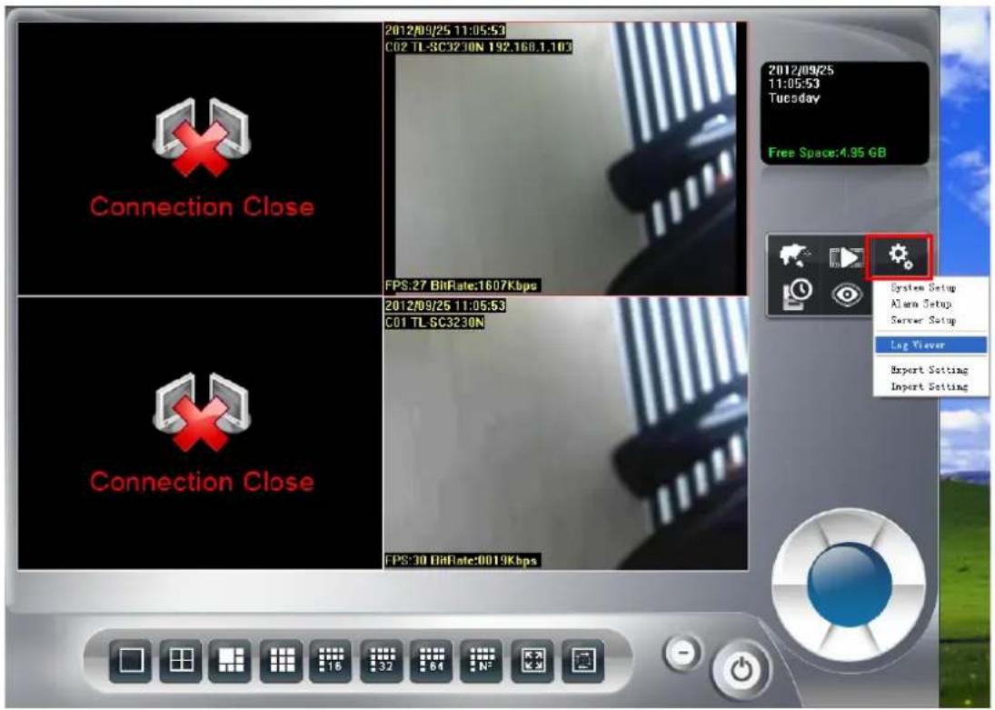 Connection Close 2012/09/25 11:05:53 C02 TL-SC3230N 192.168.1.103 FPS:27 BitRate:1607Kbps 2012/09/25 11:05:53 C01 TL-SC3230N FP5:30 BitRate:0019Kbps 2012/09/25 11:05:53 Tuesday Free Space:4.95 GB System Setup Alarm Setup Server Setup Log Viewer Expert Setting Import Setting