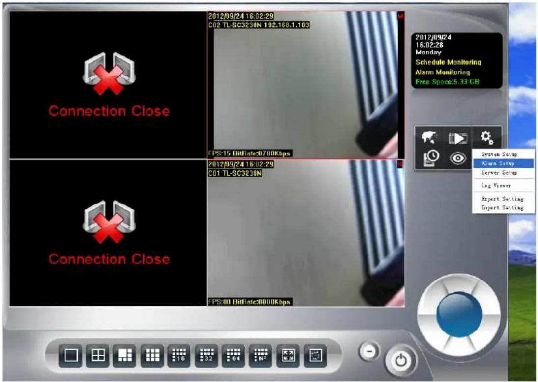 Connection Close 2012/09/24 16:02:29 C02 TL-SC3230N 192.168.1.103 FPS:15 BidRate:0700Kbps 2012/09/24 16:02:28 Monday Schedule Monitoring Alarm Monitoring Free Space:5.33 GB Connection Close 2012/09/24 16:02:29 C01 TL-SC3230N FPS:00 BidRate:0000Kbps 2012/09/24 16:02:28 Monday Schedule Monitoring Alarm Monitoring Free Space:5.33 GB System Setup Alarm Setup Server Setup Log Viewer Expert Setting Import Setting