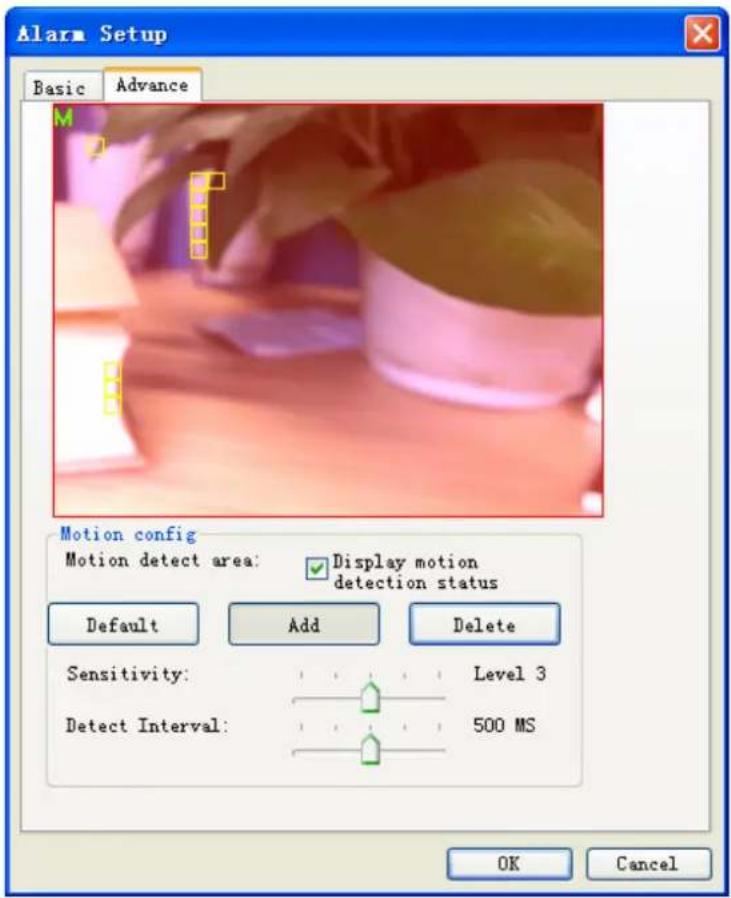 Alarm Setup Basic Advance Motion config Motion detect area: Display motion detection status Default Add Delete Sensitivity: Level 3 Detect Interval: 500 MS OK Cancel