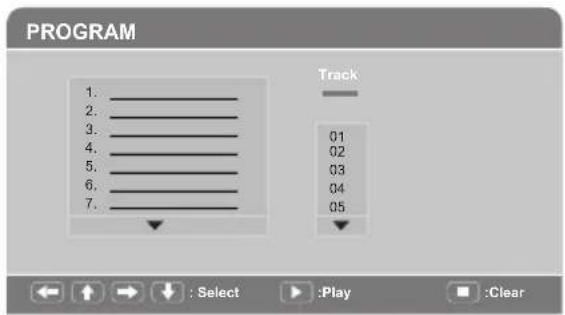 PROGRAM 1. 2. 3. 4. 5. 6. 7. Track 01 02 03 04 05 : Select :Play :Clear