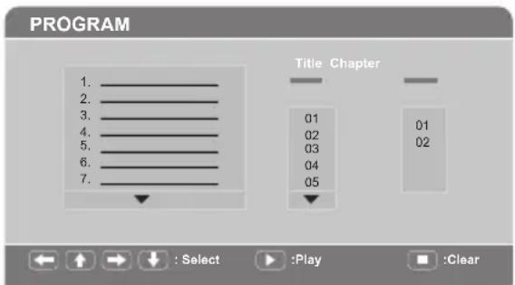 PROGRAM 1. 2. 3. 4. 5. 6. 7. Title Chapter 01 02 03 04 05 01 02 : Select :Play :Clear
