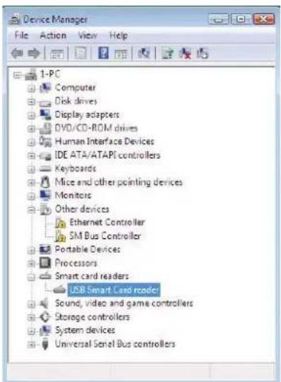 Device Manager File Action View Help 1-PC Computer Disk drives Display adapters DVD/CD-ROM drives Human Interface Devices IDE ATA/ATAPI controllers Keyboards Mice and other pointing devices Monitics Other devices Ethernet Controller SM Bus Controller Portable Devices Processors Smart card readers USB Smart Card reader Sound, video and game controllers Storage controllers System devices Universal Serial Bus controllers