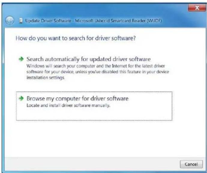 Update Driver Software - Microsoft Usbccid Smartcard Reader (WUDF) How do you want to search for driver software? → Search automatically for updated driver software Windows will search your computer and the Internet for the latest driver software for your device, unless you've disabled this feature in your device installation settings. → Browse my computer for driver software Locate and install driver software manually. Cancel