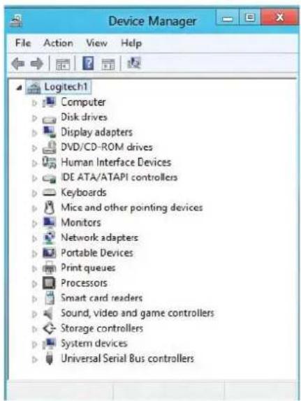 Device Manager File Action View Help Logitech1 Computer Disk drives Display adapters DVD/CD-ROM drives Human Interface Devices DE ATA/ATAPI controllers Keyboards Mice and other pointing devices Monitors Network adapters Portable Devices Print queues Processors Smart card readers Sound, video and game controllers Storage controllers System devices Universal Serial Bus controllers
