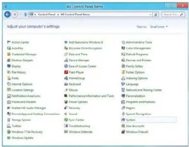 All Control Panel Items Adjust your computer's settings View by: Small icons Action Center AutoPlay Credential Manager Desktop Gadgets Display File History Fonts Internet Options Location Settings Notification Advisors Phone and Modem Fountain HD Audio Manager RemoteApp and Desktop Connections Storage Spaces Shakbe Windows 7 File Recovery Windows Update Add features to Windows 8 Blocker Drive Encryption Data and Time Device Manager Ease of Access Center Flash Player HomeGroup Keyboard Mouse Performance Information and Tools Power Options Recovery Sound Spur Center Troubleshooting Windows Defende Administrative Tools Color Management Default Programs Devices and Printers Family Safety Folder Options Indexing Options Language Network and Sharing Center Personalization Programs and Features Region Speech Recognition Systems User Accounts Windows Firewall