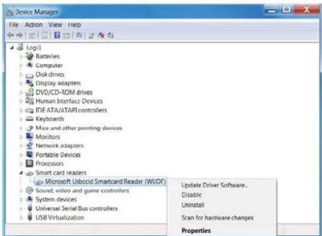 Device Manager File Action View Help Log1 Batteries Computer Disk drives Display adapters DVD/CD-ROM drives Human Interface Devices IDE ATA/ATAPI controllers Keyboards Mice and other pointing devices Monitors Network adapters Portable Devices Processors Smart card readers Microsoft Usboccid Smartcard Reader (WUDF) Sound, video and game controllers System devices Universal Serial Bus controllers USB Virtualization Update Driver Software.. Disable Uninstall Scan for hardware changes Properties