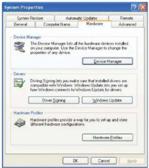 System Properties System Restore Automatic Updates Remote General Computer Name Hardware Advanced Device Manager The Device Manager lists all the hardware devices installed on your computer. Use the Device Manager to change the properties of any device. Device Manager Drivers Driving Signing lets you make sure that installed drivers are compatible with Windows. Windows Update lets you set up how Windows connects to Windows Update for drivers. Driver Signing Windows Update Hardware Profiles Hardware Profiles provide a way for you to set up and store different hardware configurations. Hardware Profiles OK Cancel Apply