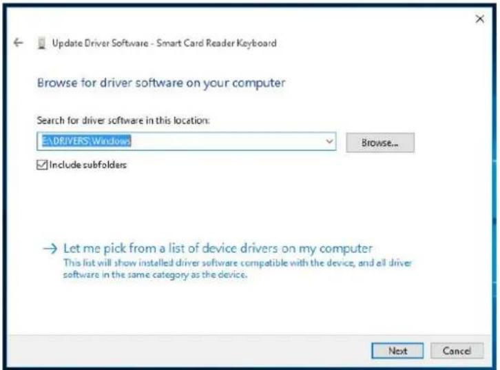 Update Driver Software - Smart Card Reader Keyboard Browse for driver software on your computer Search for driver software in this location: E:\DRIVERS\Windows Include subfolders → Let me pick from a list of device drivers on my computer This list will show installed driver software compatible with the device, and all driver software in the same category as the device. Next Cancel