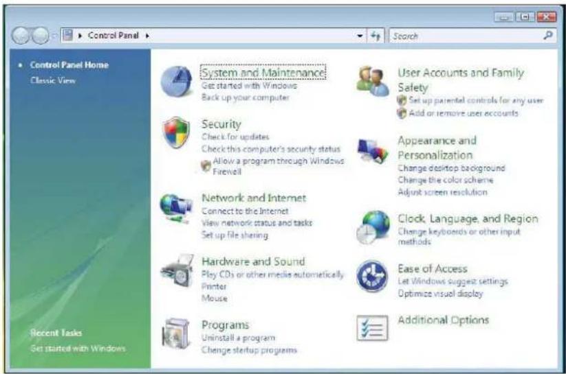Control Panel Home Classic View System and Maintenance Get started with Windows Back up your computer Security Check for updates Check this computer's security status Allow a program through Windows Firewell Network and Internet Connect to the Internet View network status and tasks Set up file sharing Hardware and Sound Play CDs or other media automatically Printer Mouse Programs Uninstall a program Change startup programs User Accounts and Family Safety Set up parental controls for any user Add or remove user accounts Appearance and Personalization Change desktop background Change the color scheme Adjust screen resolution Clock, Language, and Region Change keyboards or other input methods Ease of Access Let Windows suggest settings Optimize visual display Additional Options Recent Tasks Set started with Windows