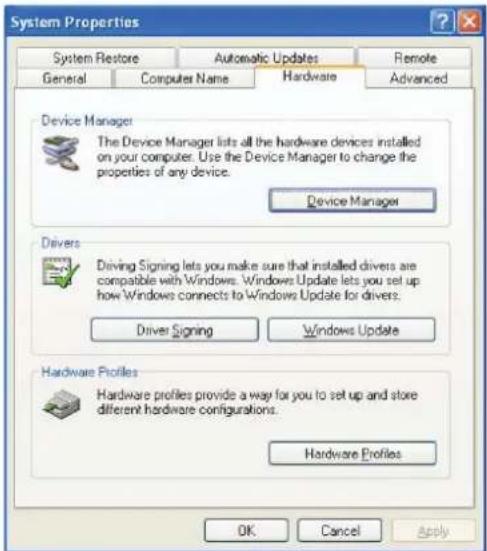 System Properties System Restore Automatic Updates Remote General Computers Name Hardware Advanced Device Manager The Device Manager lists all the hardware devices installed on your computer. Use the Device Manager to change the properties of any device. Device Manager Drivers Driving Signing lets you make sure that installed drivers are compatible with Windows. Windows Update lets you set up how Windows connects to Windows Update for drivers. Driver Signing Windows Update Hardware Profiles Hardware profiles provide a way for you to set up and store different hardware configurations. Hardware Profiles OK Cancel Apply