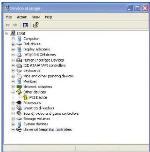 Device Manager File Action View Help LOG1 Computer Disk drives Display adapters DVD/CD-ROM drives Human Interface Devices IDE ATA/ATAPI controllers Keyboards Mice and other pointing devices Monitors Network adapters Other devices PCI Device Processors Smart card readers Sound, video and game controllers Storage volumes System devices Universal Serial Bus controllers