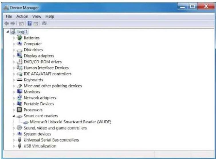 Device Manager File Action View Help Log1 Batteries Computer Disk drives Display adapters DVD/CD-ROM drives Human Interface Devices IDE ATA/ATAPI controllers Keyboards Mice and other pointing devices Monitors Network adapters Portable Devices Processors Smart card readers Microsoft Usbccid Smartcard Reader (WUDF) Sound, video and game controllers System devices Universal Serial Bus controllers USB Virtualization
