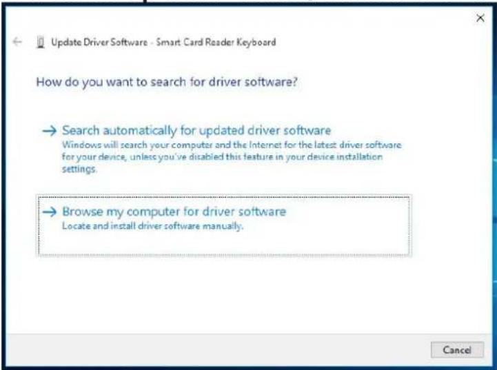 Update Driver Software - Smart Card Reader Keyboard How do you want to search for driver software? → Search automatically for updated driver software Windows will search your computer and the Internet for the latest driver software for your device, unless you've disabled this feature in your device installation settings. → Browse my computer for driver software Locate and install driver software manually. Cancel