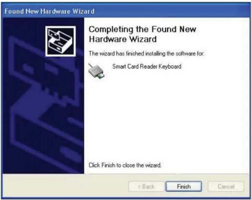 Found New Hardware Wizard Completing the Found New Hardware Wizard The wizard has finished installing the software for: Smart Card Reader Keyboard Click Finish to close the wizard. < Back Finish Cancel