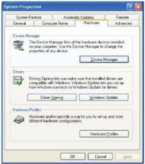 System Properties System Restore Automatic Updates Remote General Computer Name Hardware Advanced Device Manager The Device Manager lists all the hardware devices installed on your computer. Use the Device Manager to change the properties of any device. Device Manager Drivers Driving Signing lets you make sure that installed drivers are compatible with Windows. Windows Update lets you set up how Windows connects to Windows Update for drivers. Driver Signing Windows Update Hardware Profiles Hardware Profiles provide a way for you to set up and store different hardware configurations. Hardware Profiles OK Cancel Apply
