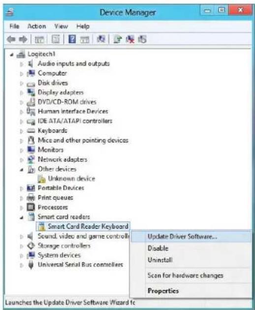 Device Manager File Action View Help Logitech1 Audio inputs and outputs Computer Disk drives Display adapters DVD/CD-ROM drives Human interface Devices IDE ATA/ATAPI controllers Keyboards Mics and other pointing devices Monitors Network adapters Other devices Unknown device Portable Devices Print queues Processors Smart card readers Smart Card Reader Keyboard Sound, video and game controlli Storage controllers System devices Universal Serial Bus controllers Update Driver Software... Disable Uninstall Scan for hardware changes Properties Launches the Update Driver Software Wizard fc