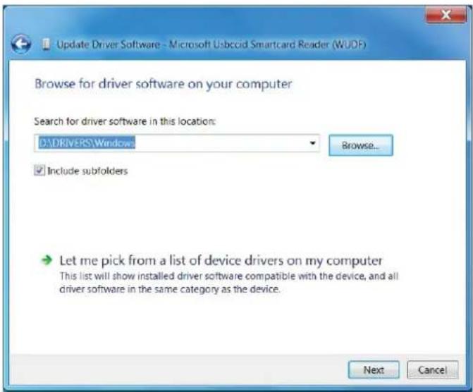 Update Driver Software - Microsoft Usbccid Smartcard Reader (WUDF) Browse for driver software on your computer Search for driver software in this location: D:\DRIVERS\Window Include subfolders Let me pick from a list of device drivers on my computer This list will show installed driver software compatible with the device, and all driver software in the same category as the device. Next Cancel