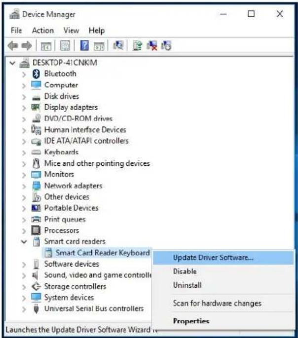 Device Manager File Action View Help DESKTOP-41CNKIM Bluetooth Computer Disk drives Display adapters DVD/CD-ROM drives Human Interface Devices IDE ATA/ATAPI controllers Keyboards Mice and other pointing devices Monitors Network adapters Other devices Portable Devices Print queues Processors Smart card readers Smart Card Reader Keyboard Software devices Sound, video and game controllo Storage controllers System devices Universal Serial Bus controllers Update Driver Software... Disable Uninstall Scan for hardware changes Properties Launches the Update Driver Software Wizard