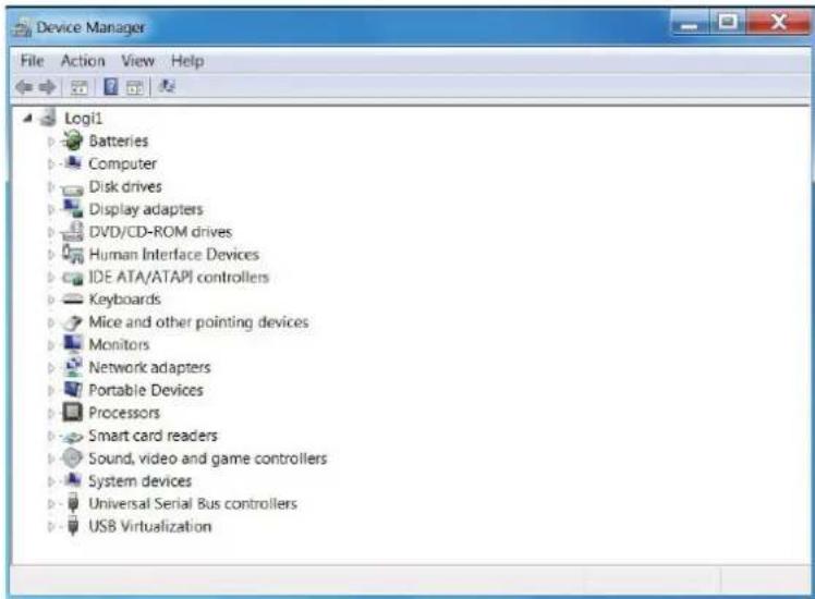 Device Manager File Action View Help Log1 Batteries Computer Disk drives Display adapters DVD/CD-ROM drives Human Interface Devices IDE ATA/ATAPI controllers Keyboards Mice and other pointing devices Monitors Network adapters Portable Devices Processors Smart card readers Sound, video and game controllers System devices Universal Serial Bus controllers USB Virtualization
