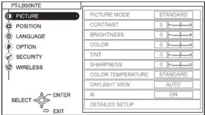 PT-LB50NTE PICTURE POSITION LANGUAGE OPTION SECURITY WIRELESS SELECT ENTER EXIT PICTURE MODE STANDARD CONTRAST 0 —— BRIGHTNESS 0 —— COLOR 0 —— TINT 0 —— SHARPNESS 0 —— COLOR TEMPERATURE STANDARD DAYLIGHT VIEW AUTO AI ON DETAILED SETUP