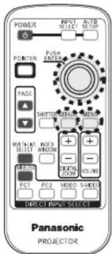 POWER INPUT SELECT AUTO SLEEP POWER POTER PUSH ENTER PAGE SHUTTER DETAIL MEND MULTIPLY SELECT HODE + - WINDA + - DIGITAL ZOOM VOLUME PC1 PC2 VIDEO 5VIDEO DIRECT INPUT SELECT Panasonic PROJECTOR