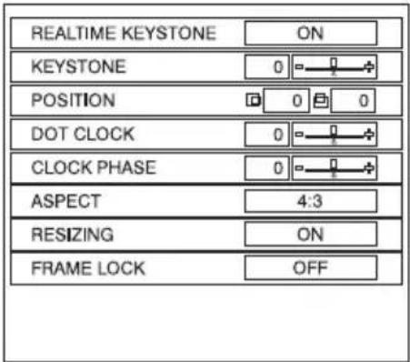 REALTIME KEYSTONE ON KEYSTONE 0 POSITION 0 0 DOT CLOCK 0 CLOCK PHASE 0 ASPECT 4:3 RESIZING ON FRAME LOCK OFF