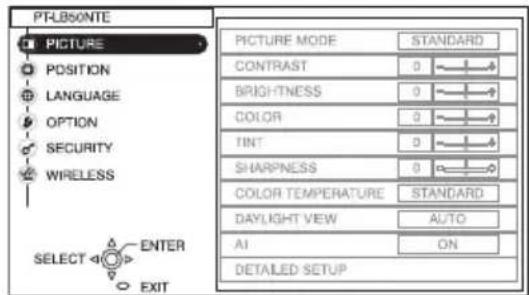 PTL850NTE PICTURE MODE STANDARD POSITION 0 LANGUAGE BRIGHTNESS 0 OPTION COLOR 0 SECURITY TINT 0 WIRELESS SHARPNESS 0 SELECT ENTER COLOR TEMPERATURE STANDARD EXIT DAYLIGHT VIEW AUTO AI ON DETAILED SETUP