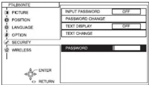 PTLBSONTE PICTURE POSITION LANGUAGE OPTION SECURITY WIRELESS ENTER RETURN INPUT PASSWORD OFF PASSWORD CHANGE TEXT DISPLAY OFF TEXT CHANGE PASSWORD