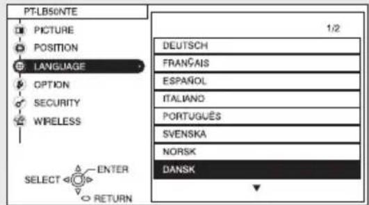 PT-LBS0NTE PICTURE POSITION LANGUAGE OPTION SECURITY WIRELESS SELECT ENTER RETURN 1/2 DEUTSCH FRANÇAIS ESPAÑOL ITALIANO PORTUGUÉS SVENSKA NORSK DANSK
